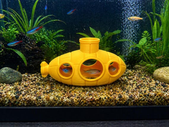 Yellow Submarine Aquarium Decor, Fish Tank Cave Hideout (7 or 12 Inch)