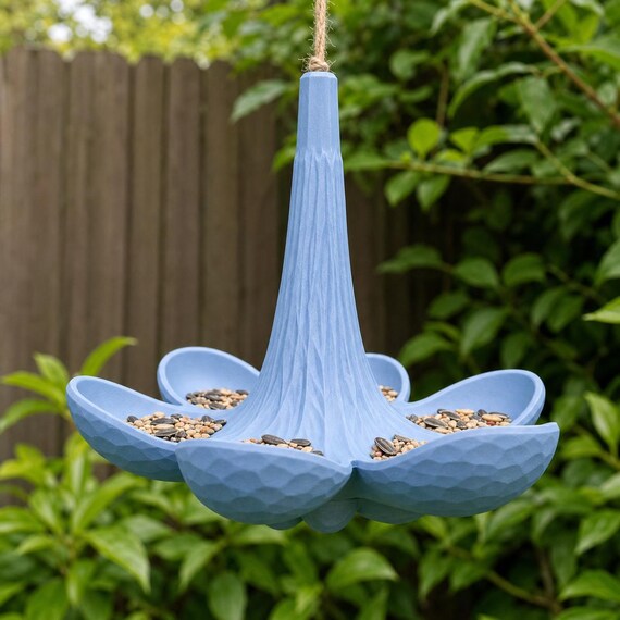 Low garden angle showing the Misty Blue Petalspire feeder's curved petal profile and fluted center
