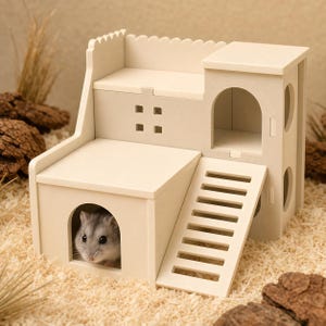 Hamster Mansion Hideout, Multi-Level Small Pet House with Ramp and Platforms, Custom Color