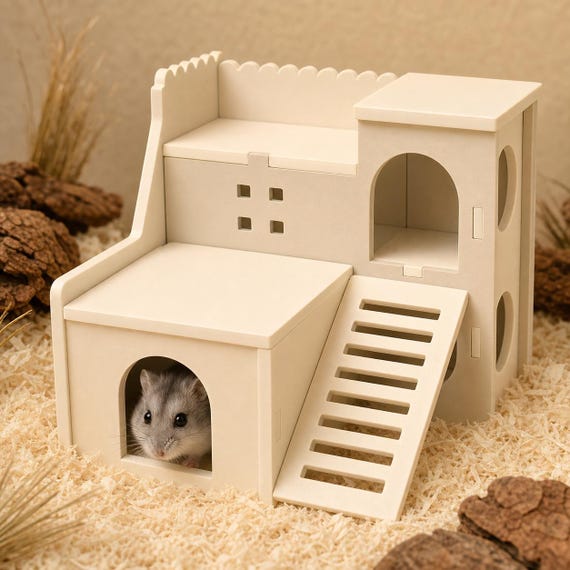 Hamster Mansion Hideout, Multi-Level Small Pet House with Ramp and Platforms, Custom Color