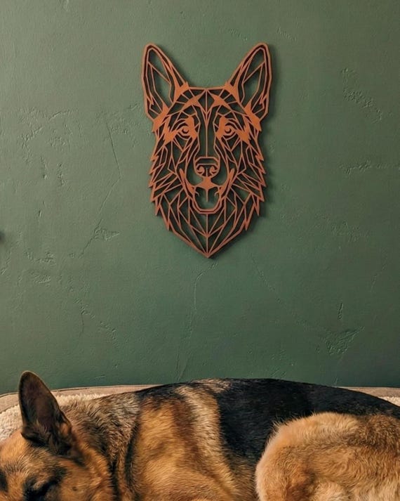 Geometric German Shepherd Wall Art: 1/2" thick relief art, multiple colors, ready to hang, shown in listing image 5 with additional visible details or options.