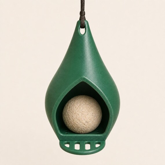 Front view of the Forest Green Dewdrop Nook feeder with one round suet ball