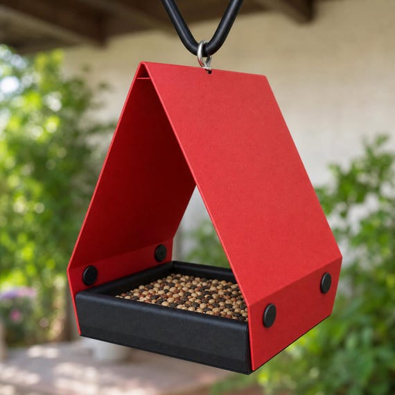 Rear angle of Cardinal House Gable Grove feeder with Red body and Black tray