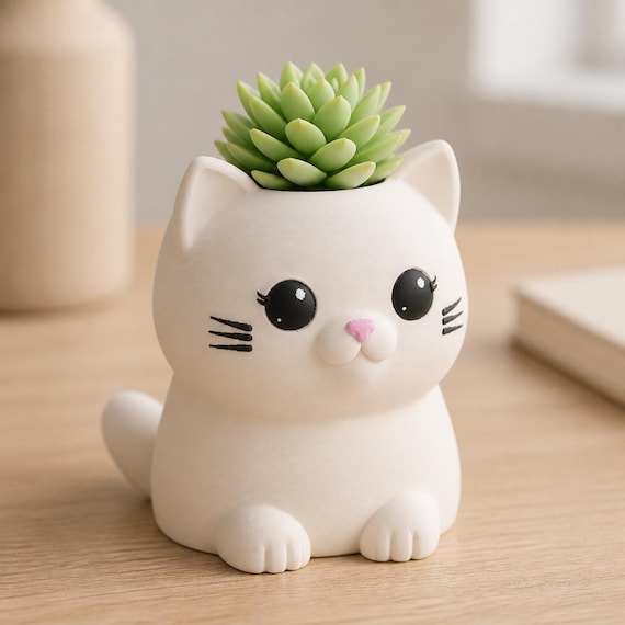 Close-up lifestyle view of the Whisker Sprout cat planter in Ivory White