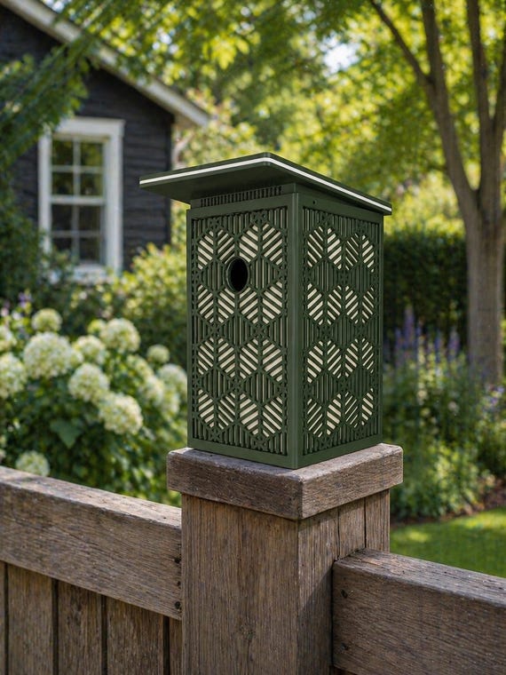 Geometric Birdhouse – Modern Outdoor Garden Decor, Forest Green Backyard Bird Box, shown in listing image 4 with additional visible details or options.