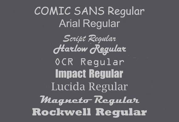 Pawprint Place font guide showing the nine available standard font families in their regular styles.