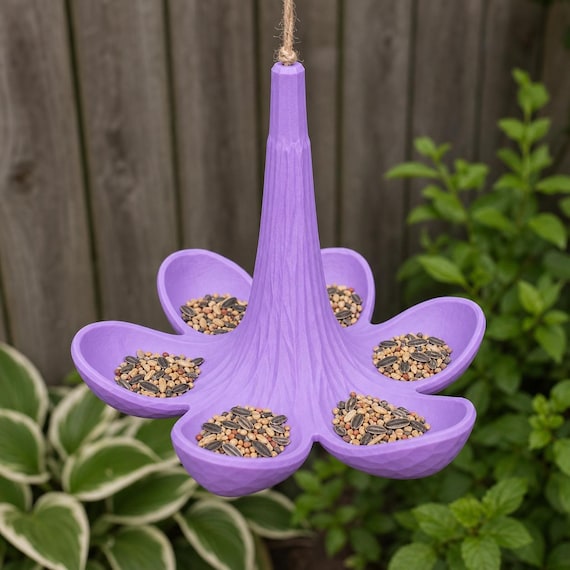 Elevated view of the Purple Petalspire hanging feeder and its six separate seed bowls