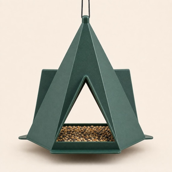 Front view of the Forest Green Foldcrest Haven feeder and triangular feeding opening