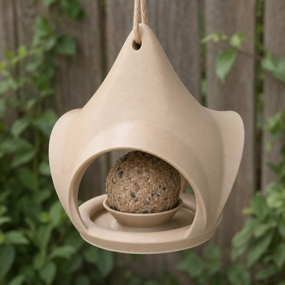 Elevated close view of the Cream Crownveil feeder, center cup, and round landing base