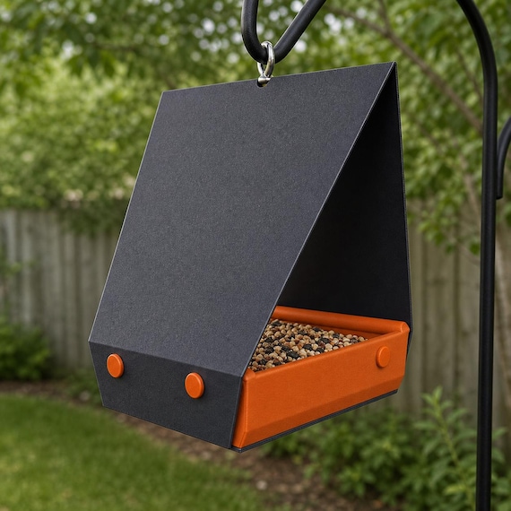 Ember Cabin Gable Grove feeder with Dark Gray body and Orange tray