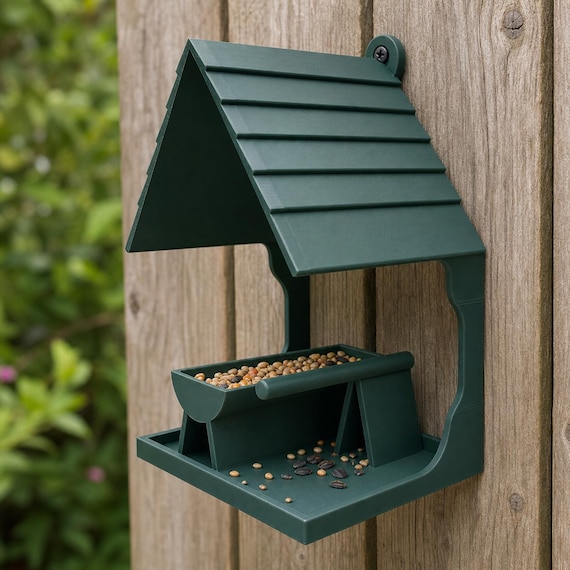 Shinglecrest Landing Wall Mounted Bird Feeder, Covered Garden Seed Trough with Perch, Modern Outdoor Bird Gift, 15 weather-resistant Colors