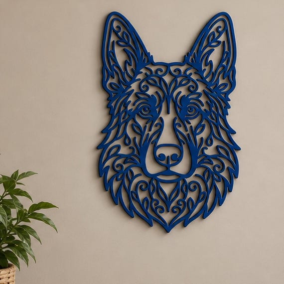 Close-up of German Shepherd filigree wall art in Brown in a contrasting room
