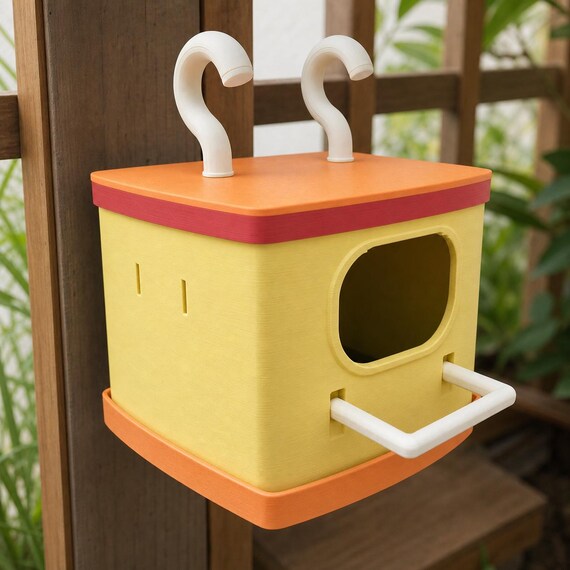 Sunset Pop birdhouse with Yellow body, Orange roof and tray, Red band, and White details