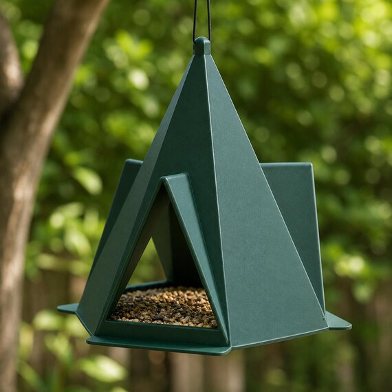 Right angle of the Forest Green Foldcrest Haven hanging bird feeder