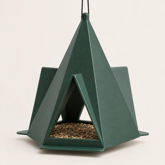Rear angle showing the folded facets of the Forest Green Foldcrest Haven feeder