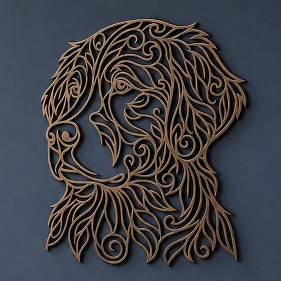 Close-up of Bernese Mountain Dog filigree wall art in Cocoa Brown in a contrasting room