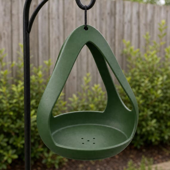 Forest Green AeroNest feeder showing the empty basin and five drainage holes