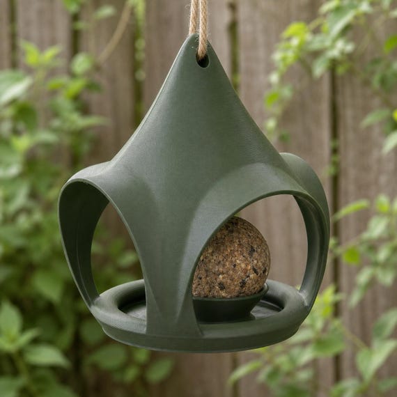 Opposite garden angle of the Forest Green Crownveil feeder and its three arched openings