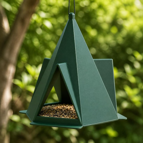 Foldcrest Haven Hanging Bird Feeder, Geometric Covered Garden Seed Tray, Modern Outdoor Bird Lover Gift, 15 weather-resistant Colors
