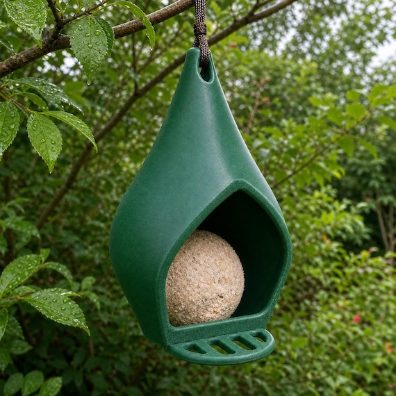 Left angle of the Forest Green Dewdrop Nook feeder hanging in a garden