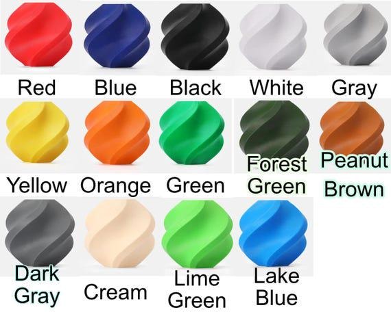 Color swatch showing Red, Blue, Black, White, Gray, Yellow, Orange, Green, Forest Green, Peanut Brown, Dark Gray, Cream, Lime Green, and Lake Blue options.