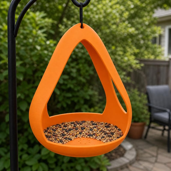 Left angle of an Orange AeroNest hanging bird feeder with seed in the round basin