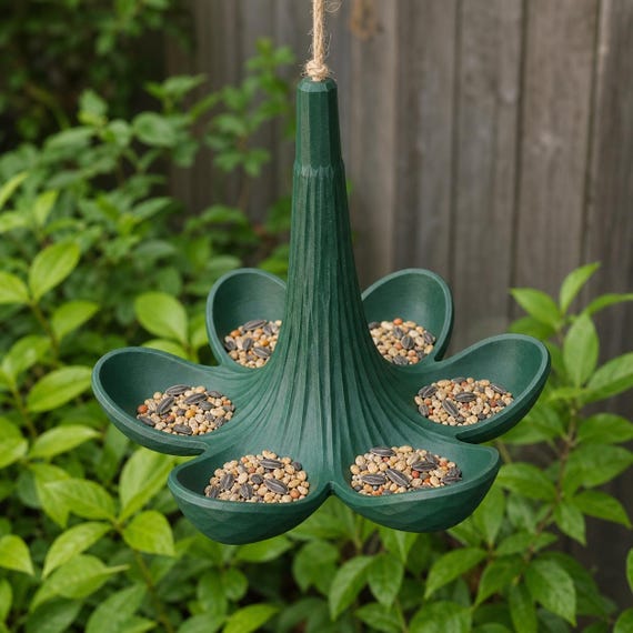 Opposite garden angle of the Forest Green Petalspire six-petal bird feeder