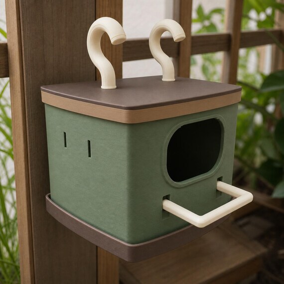 Forest Nook birdhouse with Forest Green body, Dark Brown roof and tray, Peanut Brown band, and Cream details