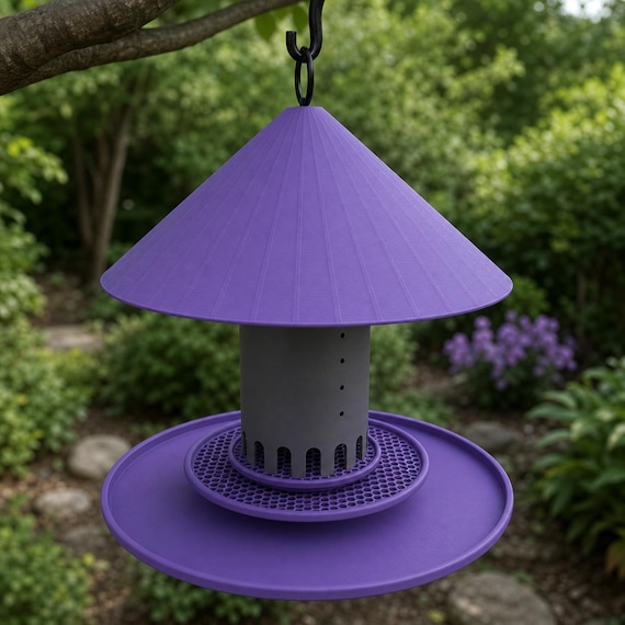 Rear angle of Twilight Canopy Haven feeder with Purple canopy and trays and Dark Gray reservoir
