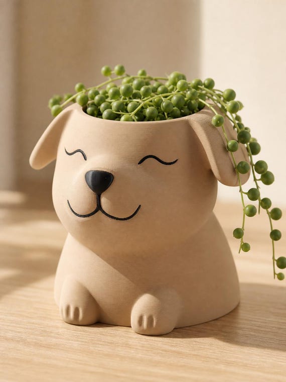 Right three-quarter close-up of the Caramel Coat dog planter with the Sleepy Smile expression
