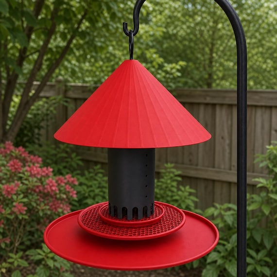 Right angle of Cardinal Canopy Haven feeder with Red canopy and trays and Black reservoir