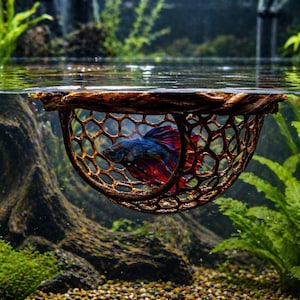May include: A vibrant betta fish with blue and red coloration is enclosed in a decorative, honeycomb-patterned net. The net is suspended in an aquarium with lush green plants and a naturalistic, wood-like structure in the background.