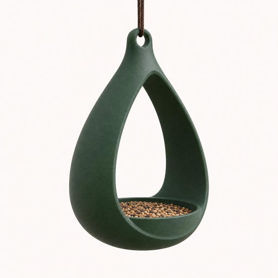 Profile view of the Forest Green Rainspire Nook hanging bird feeder