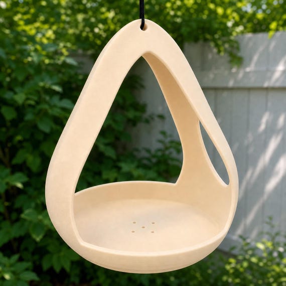 Rear angle of a Cream AeroNest feeder showing its open frame and five basin drain holes