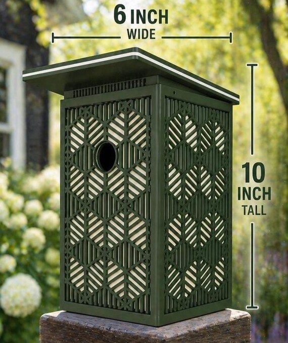 Geometric Birdhouse – Modern Outdoor Garden Decor, Forest Green Backyard Bird Box, shown in another listing view highlighting visible design details.