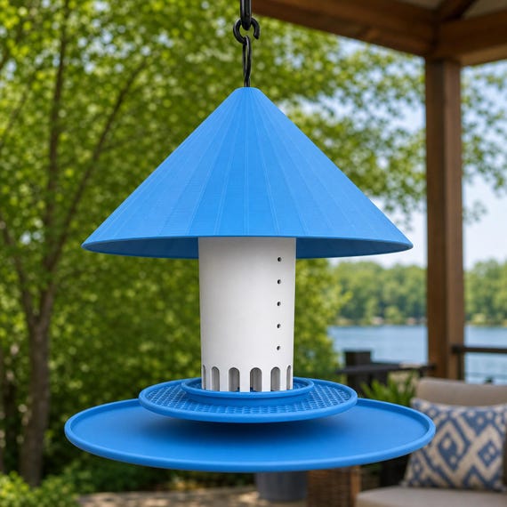 Low angle of Lakeside Canopy Haven feeder with Lake Blue canopy and trays and White reservoir