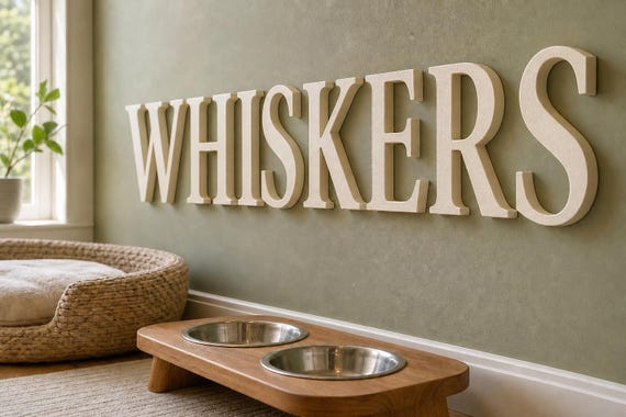 Pawprint Place Raised Letter Set spelling Whiskers over a cat feeding and sleeping nook from a distinct close angle.