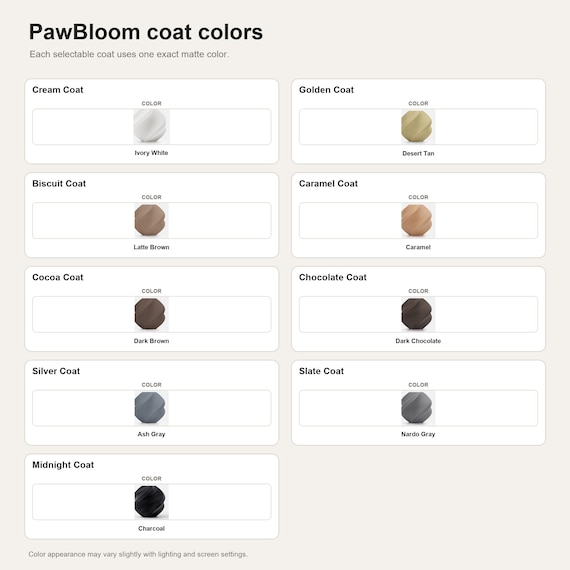 PawBloom coat colors showing the exact colors used in each selectable option