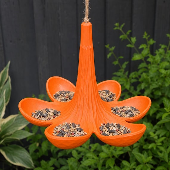 Front garden view of the Orange Petalspire hanging flower bird feeder