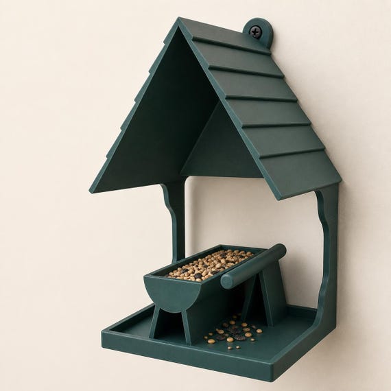 Gable angle of the Forest Green Shinglecrest Landing feeder on a plain wall