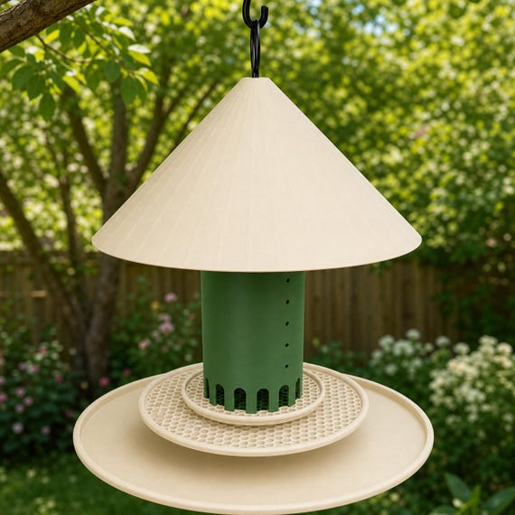 Elevated view of Meadow Canopy Haven feeder with Cream canopy and trays and Green reservoir
