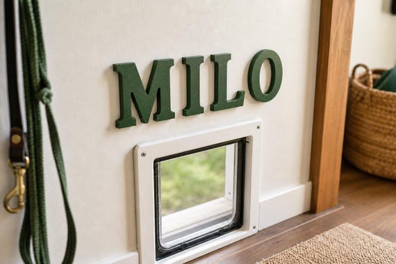 Pawprint Place Raised Letter Set spelling Milo above a doggy door, showing the dimensional green sidewalls.