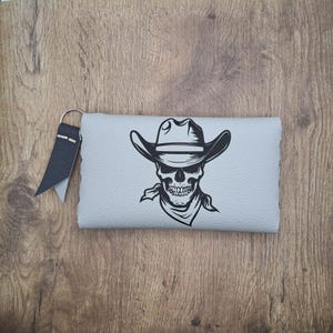 Handcrafted pouch - made from recycled faux leather - cowboy skull & blue/black checkerboard pattern - handmade in France - gift for men