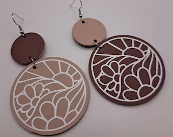Pendientes artesanales de vidrieras en piel sintética reciclada - rosa pálido y morado oscuro - ligeros - hechos a mano en Francia - regalo perfecto para mujeres