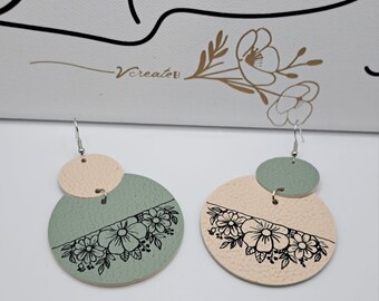 Pendientes de piel sintética - ramo de flores - hechos a mano en Francia - verde salvia y crema - idea de regalo para mujer