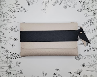 Bolso de mano artesanal de piel sintética de cocodrilo - gris y azul marino - elegante y práctico - hecho a mano en Francia - regalo para mujer