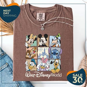 A brown t-shirt with a graphic of Disney characters, including Minnie Mouse, Goofy, Donald Duck, and Lilo, arranged in a square pattern. The t-shirt is displayed on a white background, and there are jeans and a necklace visible in the image.