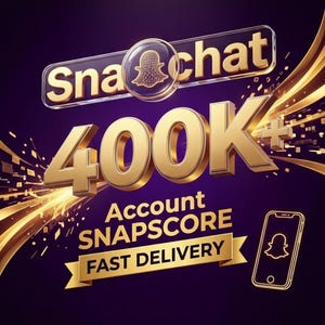 Puede incluir: Gráfico digital con fondo morado, con el logo de Snapchat y el texto "400K Account Snapscore Fast Delivery". También hay detalles dorados y un icono de smartphone con el fantasma de Snapchat.