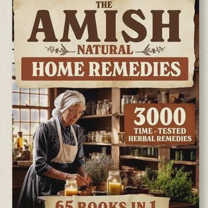 May include: A book cover for "The Amish Natural Home Remedies" featuring an Amish woman and text. The cover has a vintage design with the text "3000 Time-Tested Herbal Remedies" and "65 Books in 1".