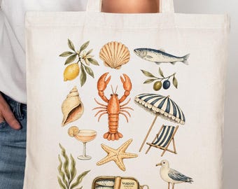 Vintage Coastal Collage Tote Bag, Cute Lobster Seashell Canvas Bag